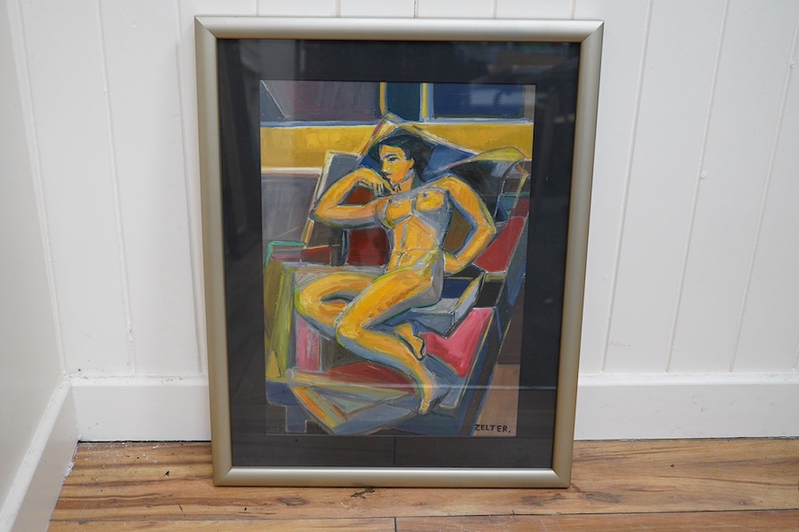 George Joseph Zelter (French, 1938-1987), oil on canvas board, Cubist style study of a nude woman, 44 x 31cm. Condition - good